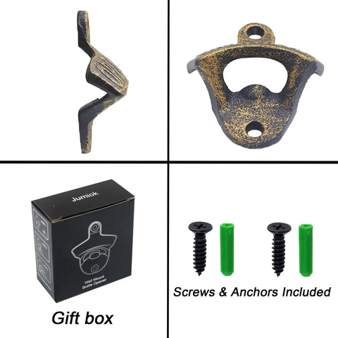 Antique Gold Cast Iron Wall Mounted Beer Bottle Opener With Rustic Hand Painted Finish Built For A Badass Backyard Bar Setup And Heavy Duty Outdoor Bottle Puller with screws and anchors displayed.