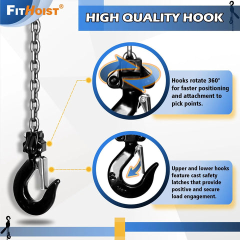 Quarter Ton Chain Hoist With 550 Lbs Capacity And 10 Ft Lift Manual Lever Come Along Hoist showcasing swivel hooks and latches