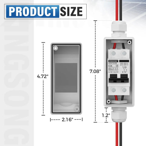 63 Amp Solar Panel Disconnect Switch For DC 12 To 400V And AC 90 To 400V Two Pole Outdoor Rugged IP65 Waterproof Box with dimensions