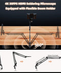 4K 30FPS HDMI Digital Microscope with 10.1 Inch Screen and flexible arm stand for soldering, shown with 360-degree rotation.
