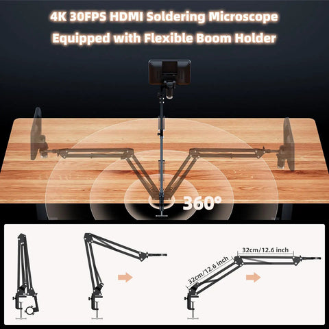 4K 30FPS HDMI Digital Microscope with 10.1 Inch Screen and flexible arm stand for soldering, shown with 360-degree rotation.