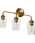 Mid Century Inspired Three Light Vanity Fixture in Brushed Bronze With Metal Base and Snifter Glass Shades, Damp Location Rated