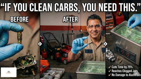 Top Notch Ultrasonic Cleaner Fluid For Carburetors And Engine Parts That Cuts Right Through Grease Varnish And Road Grime Fast For Garage Crews And Bikers, cleaning carburetor parts shown after use.