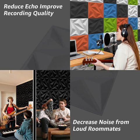 Totally Rad 3D Acoustic Panels For Walls Soundproofing Foam Tiles 12X12 Inches Black Textured, showcasing versatile uses in a studio and living room.