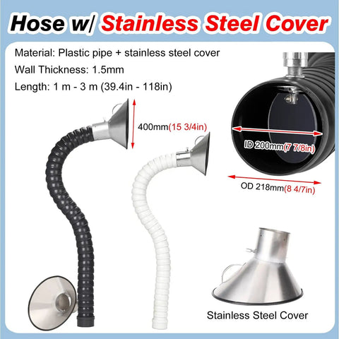 Pro Grade Fume Extraction Arm With Articulated Tubing And Nozzle, stainless steel cover, 400mm length, various diameter sizes.