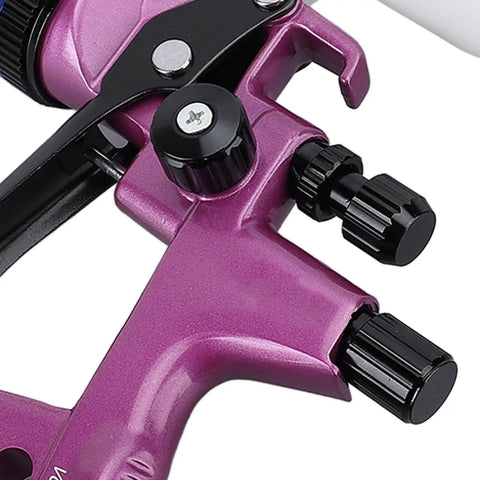 Close-up of Lightweight HVLP Paint Sprayer Kit control knobs, showcasing adjustable flow dial and stainless nozzle details.