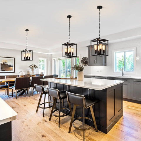 Modern kitchen with Black 4 Light Lantern Chandelier Farmhouse Vibe Pendant Light With Adjustable Height Rustic Cage Industrial Fixture