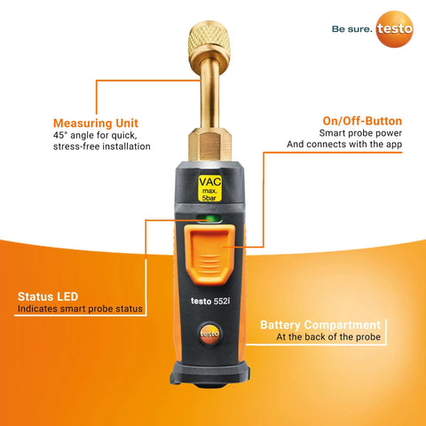 552i Wireless Digital Vacuum Probe For HVAC Systems With IP54 Protection And 45 Degree Service Port, Bluetooth Vacuum Gauge For Top Notch AC And Refrigeration Evacuation, App Enabled With Real Time Measurements, testo 552i probe