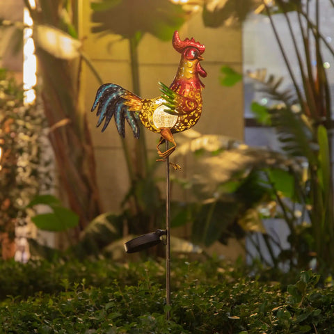 Rooster Solar Lights Outdoor Decor For Garden Yard Art Statue with nighttime glow, durable metal, 9.56x4.92x42.12 inches