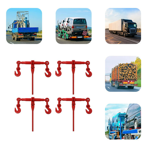 Heavy Duty Ratchet Chain Binder Set Three Eighths To One Half Inch With G70 Hooks, Four Pack used for securing loads on vehicles