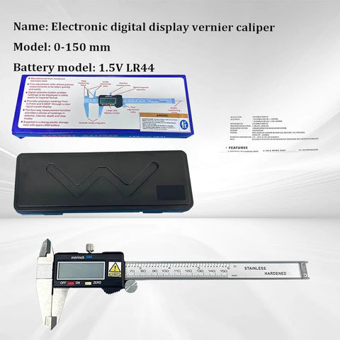 Electronic Digital Caliper With Stainless Steel Body And Large LCD Screen Measures 0 To 6 Inches And 0 To 150 mm In Inch And Millimeter Readout For Precise Quick Measurements In DIY Machining And Engineering shown with box