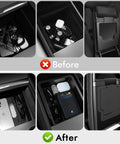 Before and after view of Tesla Center Console Organizer Tray for Model Y Juniper 2025 2026 and Model 3 Highland 2024 2026, showing organized storage.
