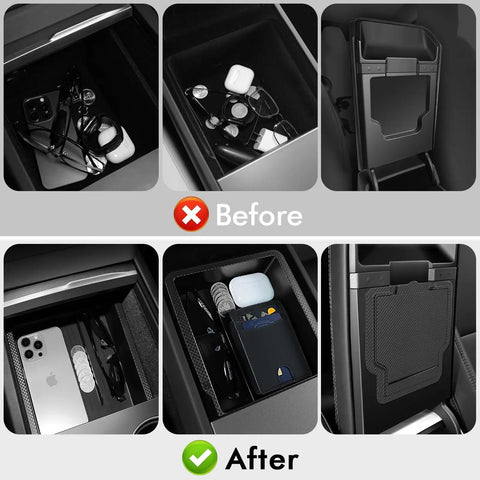 Before and after view of Tesla Center Console Organizer Tray for Model Y Juniper 2025 2026 and Model 3 Highland 2024 2026, showing organized storage.