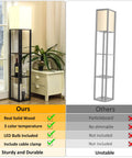 Comparison of Solid Wood Floor Lamp With Built In Shelves, Modern Three Color Temperature Lighting, and a particleboard model.