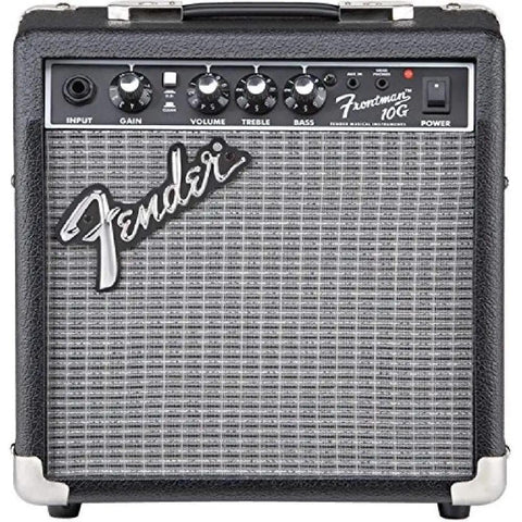 Frontman 10G 10 Watt Guitar Amplifier Bundle With 13 Foot Straight Instrument Cable Drab Green And Joe Strummer Cable For Jam Sessions, Aux Input, Headphone Output, 6 Inch Speaker, One Channel With Gain Overdrive Treble Bass.