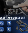 8 Piece Tap Socket Set For Quarter Inch And Three Eighths Inch Drive Adapters For Socket Wrench in use with labels on blue background.