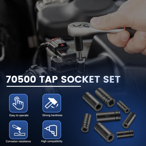 8 Piece Tap Socket Set For Quarter Inch And Three Eighths Inch Drive Adapters For Socket Wrench in use with labels on blue background.