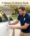 Man using Two-Pack Car Touch Up Paint Pen With Clear Coat Pen Kit For White Cars on car door outside house