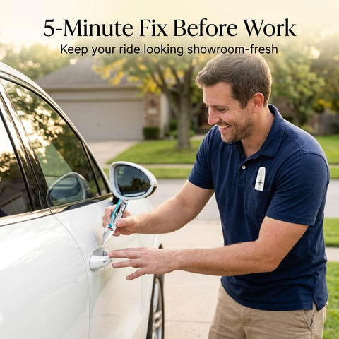 Man using Two-Pack Car Touch Up Paint Pen With Clear Coat Pen Kit For White Cars on car door outside house