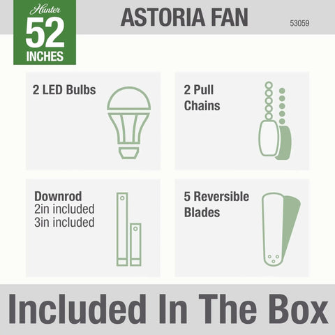 Astoria 52 Inch White Ceiling Fan With LED Light Kit And Pull Chain Quiet Multi Speed Whisper Wind Motor Included Items