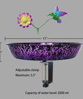 Premium Heavy Duty Deck Mounted Bird Bath With Secure Detachable Clamp For Railings Balconies No Sweat Installation showing 11 inch purple bowl and adjustable clamp.