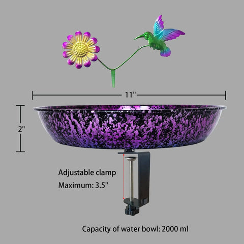 Premium Heavy Duty Deck Mounted Bird Bath With Secure Detachable Clamp For Railings Balconies No Sweat Installation showing 11 inch purple bowl and adjustable clamp.