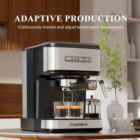 Kick Your Daily Coffee Grind Up With This Pro Stainless Steel Espresso Machine Slingin Bold Shots At 20 Bar Pressure For Rich Crema And Creamy Cappuccinos Using A Smart Dual Filter Setup, brewing two espresso shots.