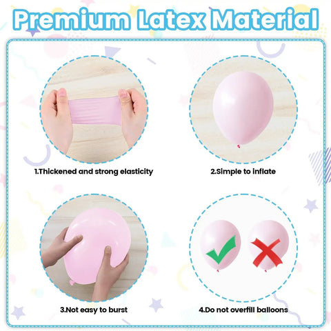 Premium latex balloon material showing elasticity, inflation, strength, and caution in Doggo Approved Paw Print Party Balloon Kit.