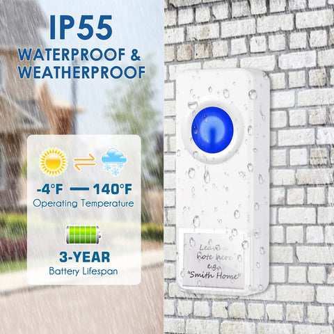 Waterproof Wireless Doorbell Kit With 1300 Feet Range, 58 Ringtones, 5 Volume Levels, featuring IP55 rating and operating temperature chart.