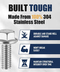 Built Tough 50 Piece Pack Of 5 16 18 By 3 4 Inch 304 Stainless Steel Flanged Bolts displayed with durability icons and information.