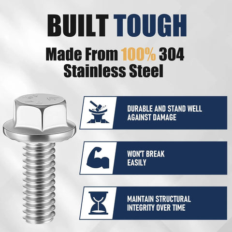 Built Tough 50 Piece Pack Of 5 16 18 By 3 4 Inch 304 Stainless Steel Flanged Bolts displayed with durability icons and information.