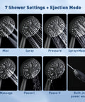 Matte Black Shower Head With 7 Settings And Built In Power Wash Handheld Spray with 6.5ft hose shown in various modes.