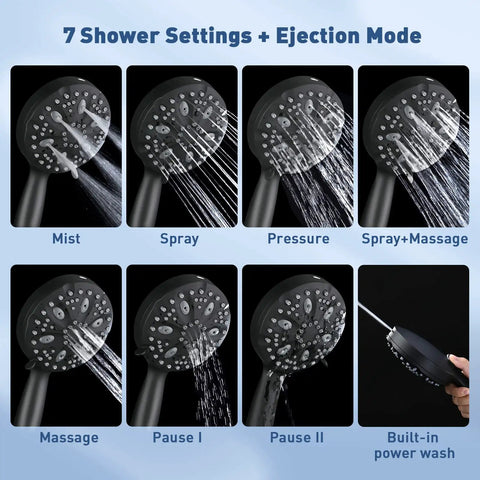 Matte Black Shower Head With 7 Settings And Built In Power Wash Handheld Spray with 6.5ft hose shown in various modes.