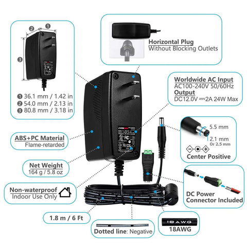 12V 2A 24W Power Supply Adapter with 5.5mm by 2.1mm plug, 100-240V AC to DC wall wart converter, detailed specifications diagram