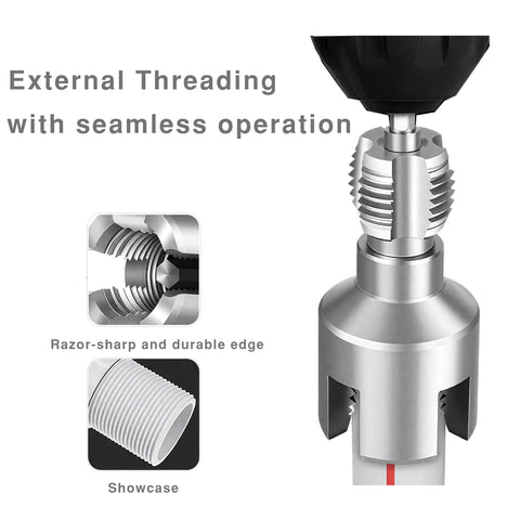 Integrated Internal And External PVC Pipe Threading Tool Kit With Sealant Tape Dual Function Threader showing external threading.