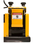 Close-up of WRA20 Wire Stripping Machine Pro Grade Benchtop Auto Driven with caution sign visible on yellow casing.