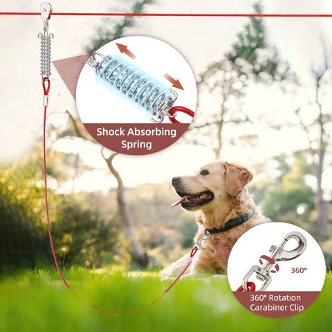 Heavy Duty 200 Ft Dog Runner With 10 Ft Tie Out Cable For Big Dogs Up To 250 Lbs Safe Zip Line For Backyard Park And Camping Use Red Vinyl Coated Stainless Steel