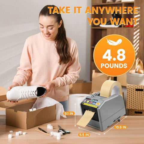 Automatic Tape Dispenser And Ribbon Cutting Machine Offering No Sweat Quick Precision Trimming Portability For Shipping Packing Schools And Retail Stores, 4.8 lbs, 10.6x5.5 in, ergonomic design in use during packing.