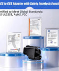 Nacs To Ccs1 Ev Charging Adapter Packing 500 Amp Fast Fill And Ultra Secure Dual Lock Clamps with safety interlock and certification documents.