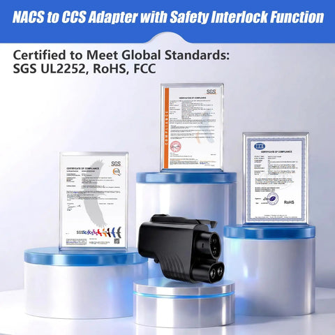 Nacs To Ccs1 Ev Charging Adapter Packing 500 Amp Fast Fill And Ultra Secure Dual Lock Clamps with safety interlock and certification documents.