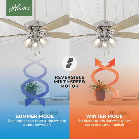Diagram of Big 52 Inch Indoor Ceiling Fan with LED Lights, showing reversible multi-speed motor and seasonal airflow modes.