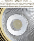 Close-up of Round Brushed Brass Led Recessed Downlight Featuring Sleek Dark Baffle Trim, optical lens detail.
