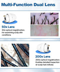10.2 Inch Skin And Hair Analyzer Pro Grade Gear showing dual lens capabilities with 50x and 200x magnification for scalp analysis.