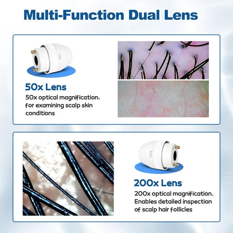 10.2 Inch Skin And Hair Analyzer Pro Grade Gear showing dual lens capabilities with 50x and 200x magnification for scalp analysis.