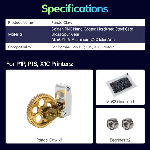 Panda Claw Extruder Brass Gear Upgrade For Bambu-Lab P1P P1S X1C X1E with golden RNC nano-coated hardened steel gear