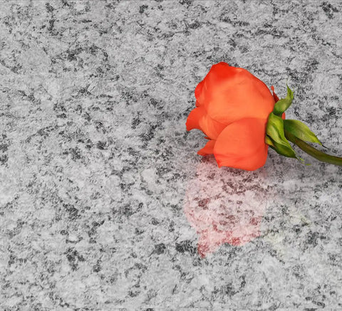 Granite Look Countertop Contact Paper Peel and Stick Vinyl Wrap with red rose, showing waterproof and oil proof surface.