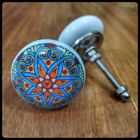 Flat Out Gorgeous Hand Painted Ceramic Drawer Knobs And Snazzy Floral Cabinet Pulls With Vibrant Blue Red Green Designs For Kitchen Bathroom Furniture Upgrades Set Of Six, close-up of floral design