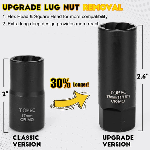 Deep Lug Nut Remover Set 10 Piece Spiral Type Heavy Duty Half Inch Drive Impact Wheel Lock Removal Kit For Removing Stripped Broken Damaged Rounded Bolts Nuts And Screws showing classic and upgrade versions with lengths marked 2" and 2.6" respectively.
