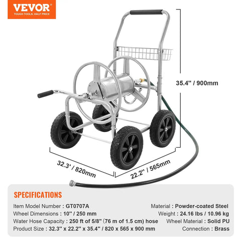Heavy Duty Hose Reel Cart For 250 Ft Of 5/8 Inch Hose, Grab-And-Go Garden Water Cart With 4 Wheels, Powder Coated Steel