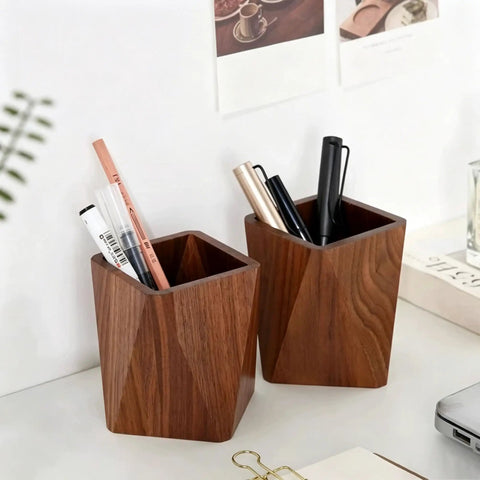 Walnut Diamond Shaped Wooden Pencil Holder Desk Cup With Big Capacity And Smooth Wax Finish Built Tough From Solid Wood For Pens
